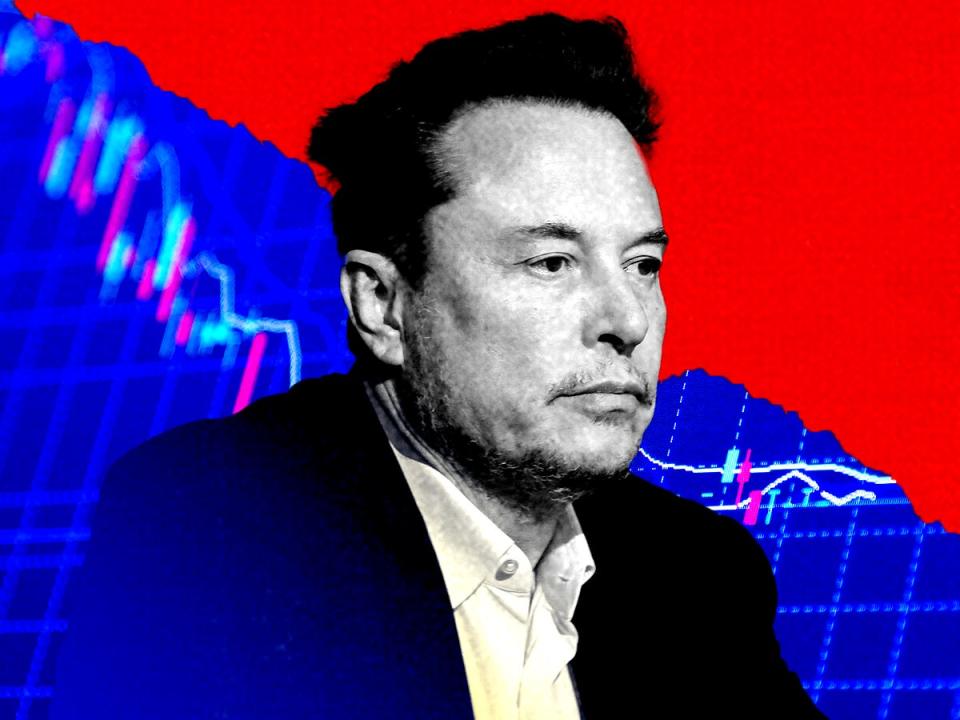 A graphic of a black-and-white photo of Elon Musk on a background showing a declining graph.