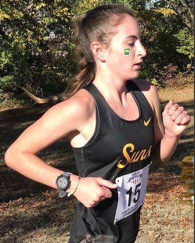 Kenzie Hendrix strides out in college cross country action in the fall of 2022. Hendrix is a Wesleyan Christian School graduate.
