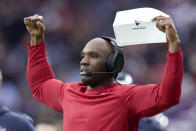 Houston Texans head coach DeMeco Ryans watches during the first half of an NFL wild-card playoff football game against the Cleveland Browns Saturday, Jan. 13, 2024, in Houston. (AP Photo/Eric Christian Smith)