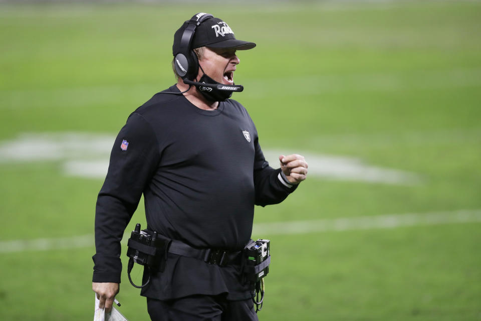 Las Vegas Raiders head coach Jon Gruden reacts during the first half of an NFL football game against the Kansas City Chiefs, Sunday, Nov. 22, 2020, in Las Vegas. (AP Photo/Isaac Brekken)