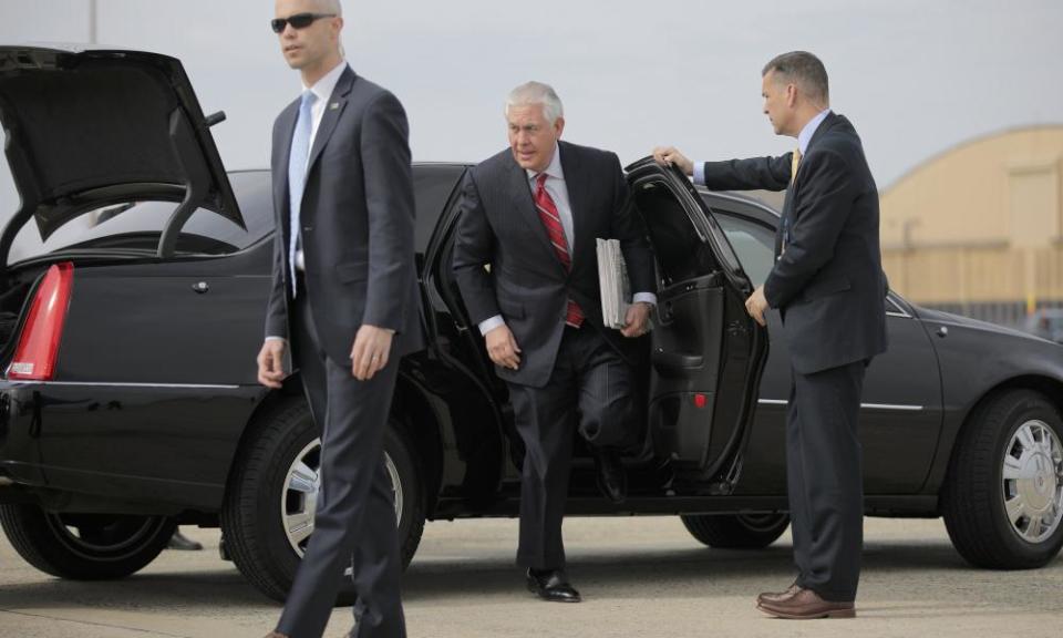 The US secretary of state, Rex Tillerson, arrives at Andrews air force base en route to Mexico on Wednesday.