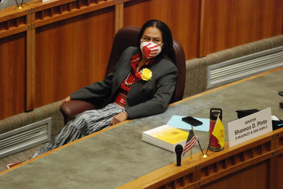 FILE - New Mexico state Sen. Shannon Pinto, D-Tohatchi, a member of the Navajo Nation, listens during the opening day of a 30-day legislative session in the House of Representatives in Santa Fe, N.M., Tuesday, Jan. 18, 2022. New Mexico voters are picking their partisan favorites in the state's primary, Tuesday, June 4, 2024, to reshape a Democratic-led Legislature, with all 112 seats up for election in November. (AP Photo/Morgan Lee,File)