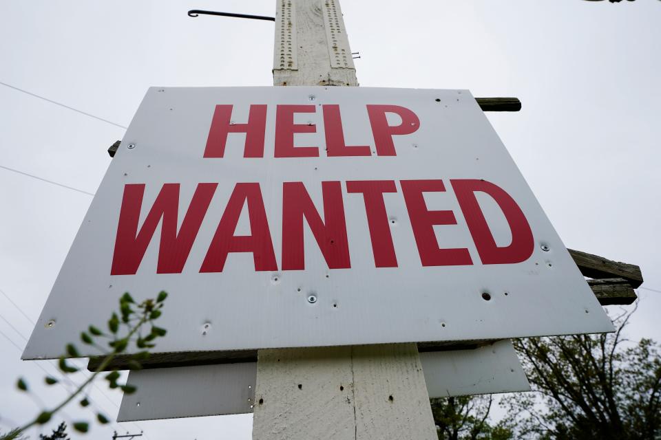 File - A help wanted sign is posted in Lansdale, Pa., Friday, April 28, 2023. On Thursday, the Labor Department reports on the number of people who applied for unemployment benefits last week. (AP Photo/Matt Rourke, File) ORG XMIT: NYPM405