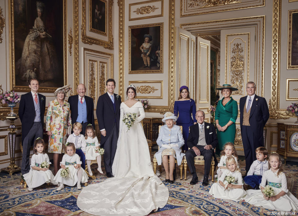 The newlyweds pose with (from left to right, back row):&nbsp;Thomas Brooksbank (Jack's brother); Nicola Brooksbank and George Brooksbank (his parents); Princess Beatrice; Sarah, Duchess of York; and her former husband, His Royal Highness The Duke of York. Middle row: Prince George, Princess Charlotte,&nbsp;Queen Elizabeth II and Prince Phillip, with the rest of the young pages and bridesmaids. (Photo: Alex Bramall/Courtesy Buckingham Palace)