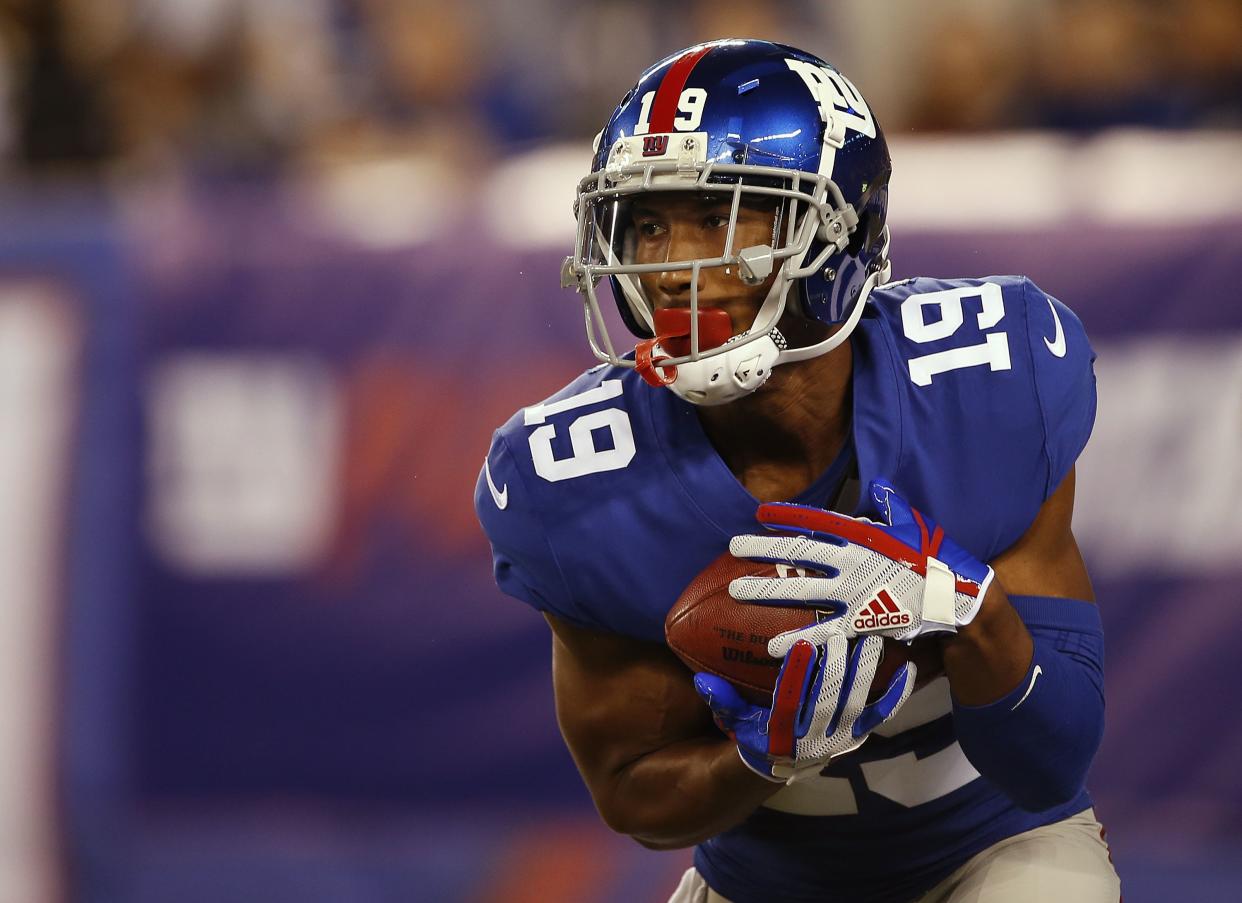 Travis Rudolph #19 of the New York Giants in action during an NFL preseason game against the Pittsburgh Steelers at MetLife Stadium on August 11, 2017 in East Rutherford, New Jersey.