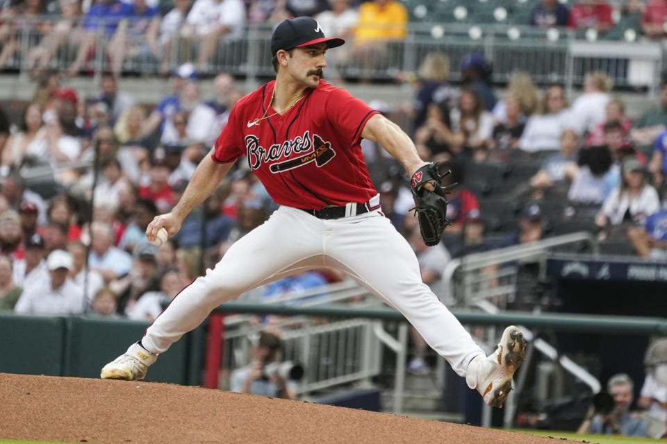 Atlanta Braves starting pitcher Spencer Strider works against the Pittsburgh Pirates during the first inning of a baseball game Friday, June 10, 2022, in Atlanta. (AP Photo/John Bazemore)
