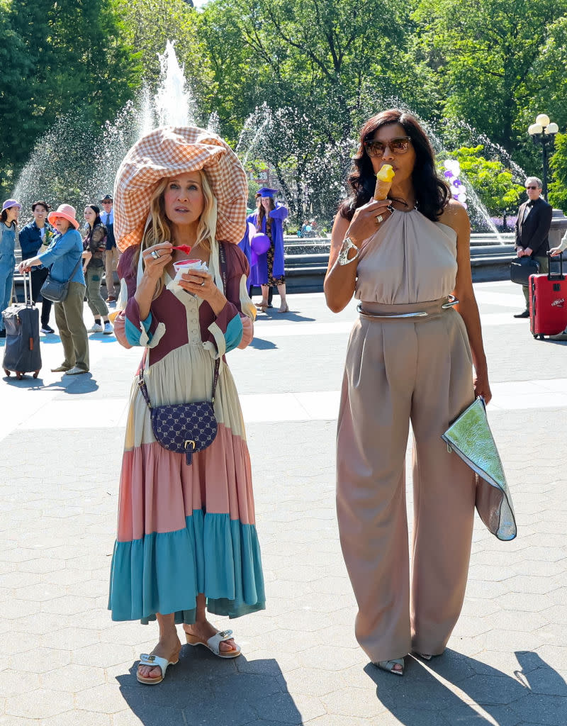 Sarah Jessica Parker and Sarita Choudhury are seen at the film set of the 'And Just Like That' TV Series on May 20, 2024 in New York City. 