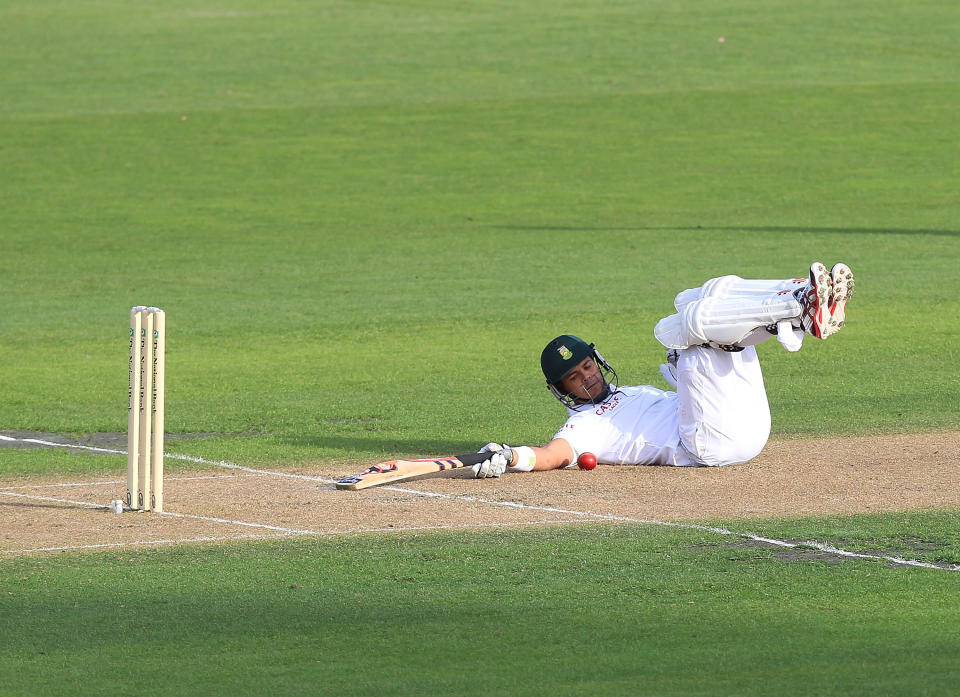 Jacques Rudolph of South Africa falls over as he bats during day one of the first Test match between New Zealand and South Africa at the University Oval in Dunedin on March 7, 2012.