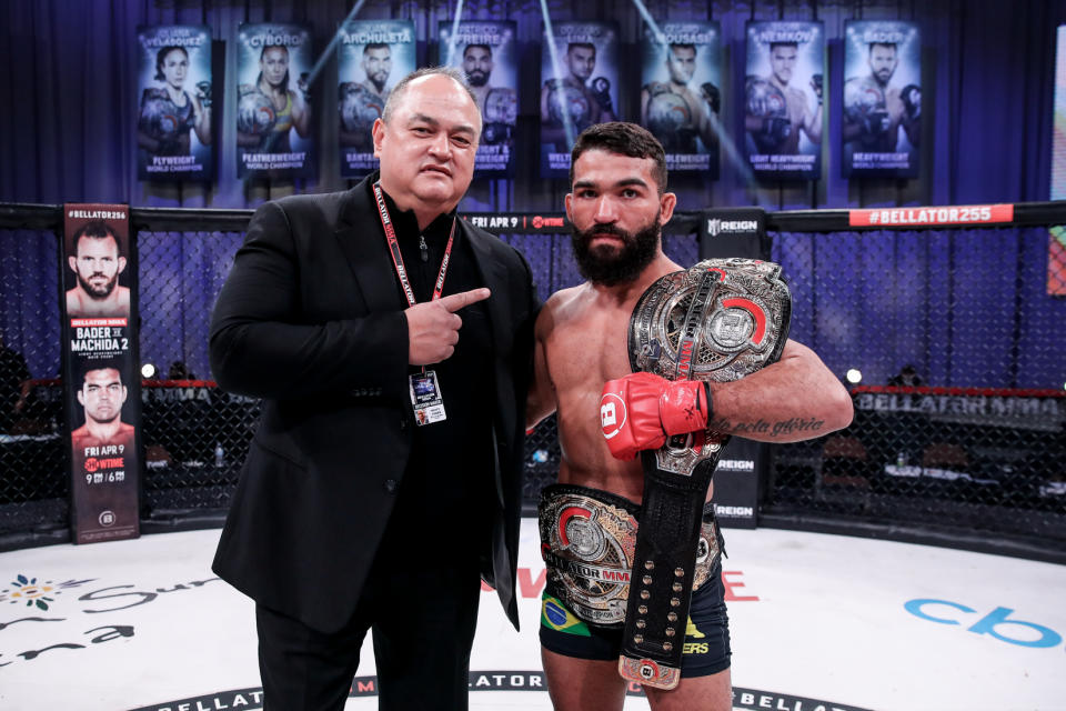 Bellator president Scott Coker (L) poses with Patricio Freire, who is a two-division champion hoping to become its first three-division champion. (Lucas Noonan/Bellator MMA)