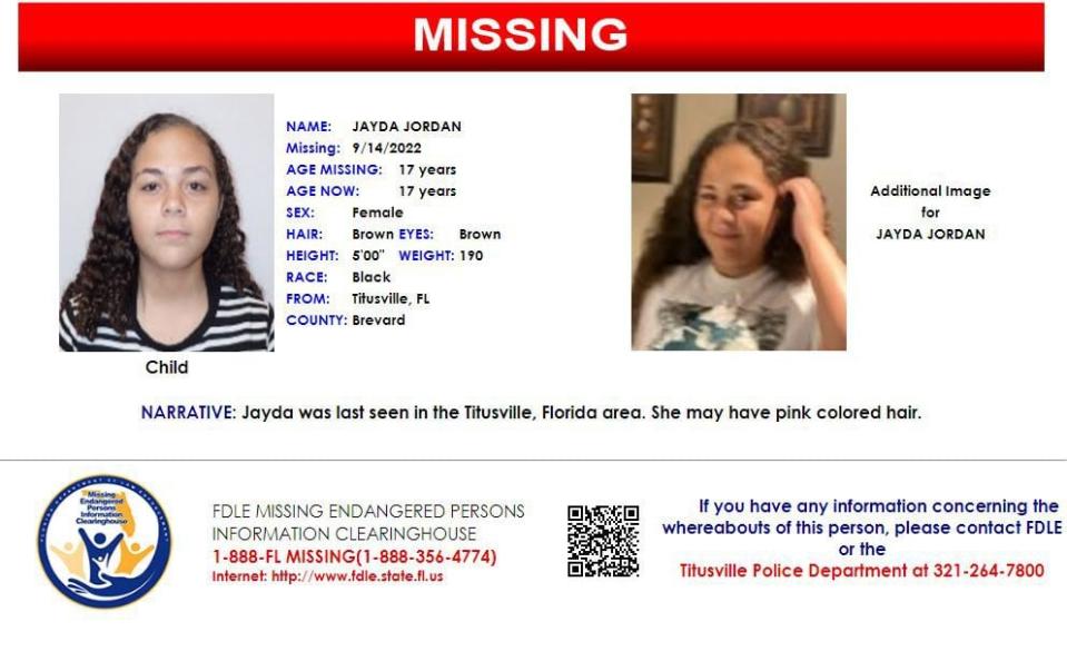 Jayda Jordan was last seen in Titusville on Sept. 14, 2022.