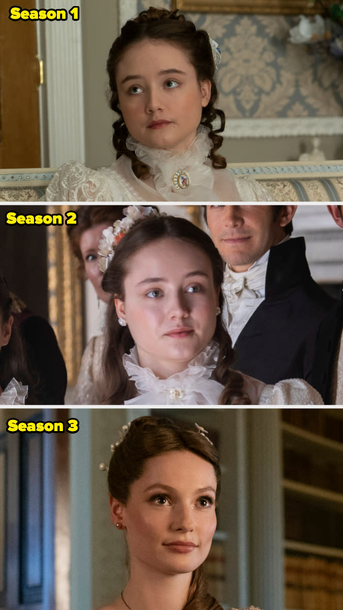 Three images of a young woman from different seasons of a TV series, showing her wearing Victorian-era attire in each season