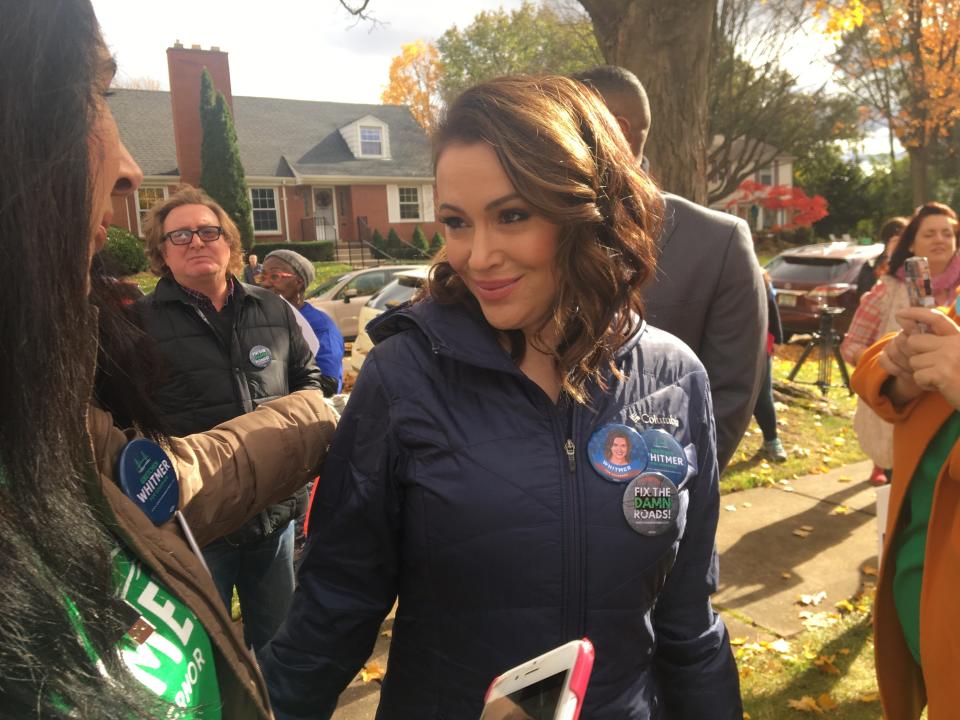 Alyssa Milano attends a rally for Democrats in Birmingham.