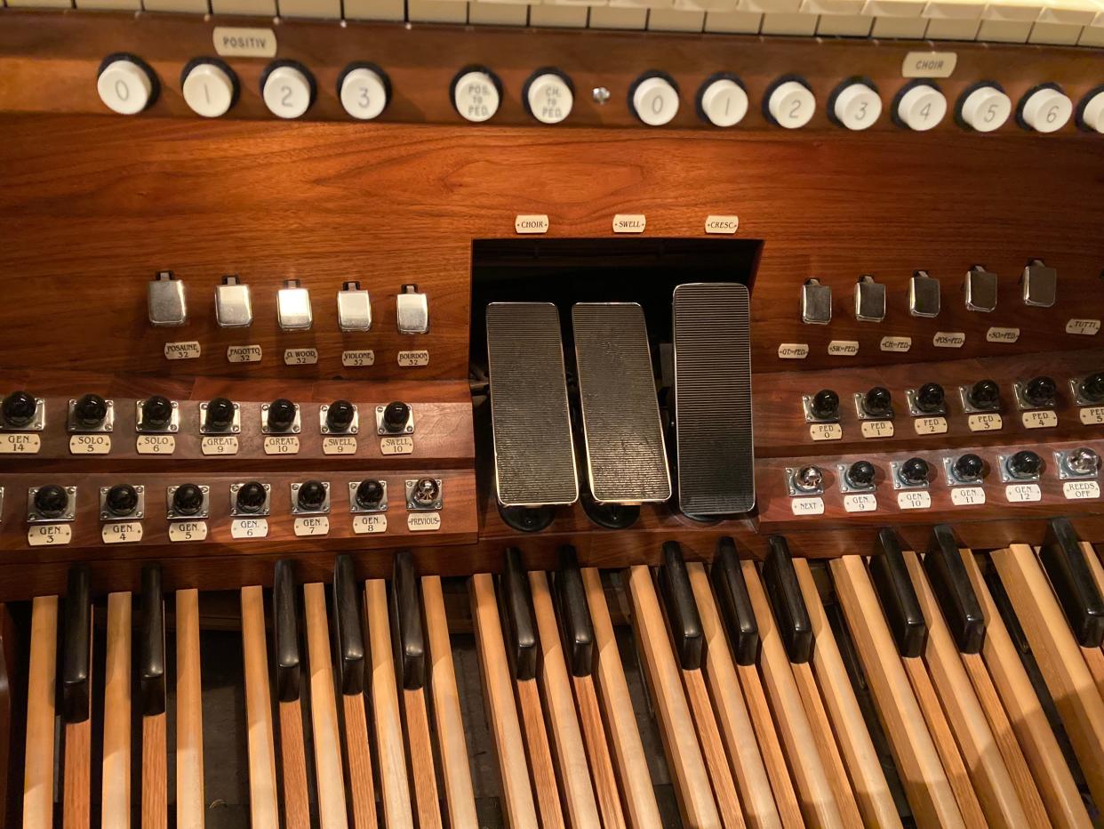 The foot pedals and toe stops used by keyboardist and organ player, Wesley Hall, to make music on the pipe organ at First Baptist Church in Worcester; his TikTok videos explaining the intricacies and beauty of pipe organs have reached thousands
