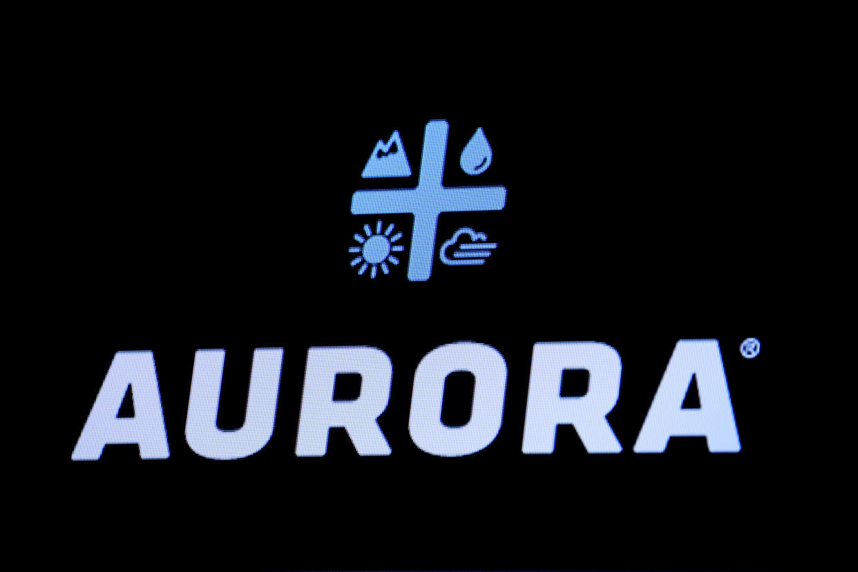 The Logo for Aurora Cannabis Inc., a Canadian licensed cannabis producer, is displayed on a screen on the floor of the New York Stock Exchange (NYSE) in New York, U.S., January 8, 2019. REUTERS/Brendan McDermid