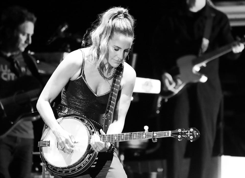 Emily Strayer plays the banjo with The Chicks as they play their country hits for a crowd of 17,219 during a World Tour 2023 concert on the Grandstand of the Iowa State Fair in Des Moines on Saturday, Aug. 19, 2023.