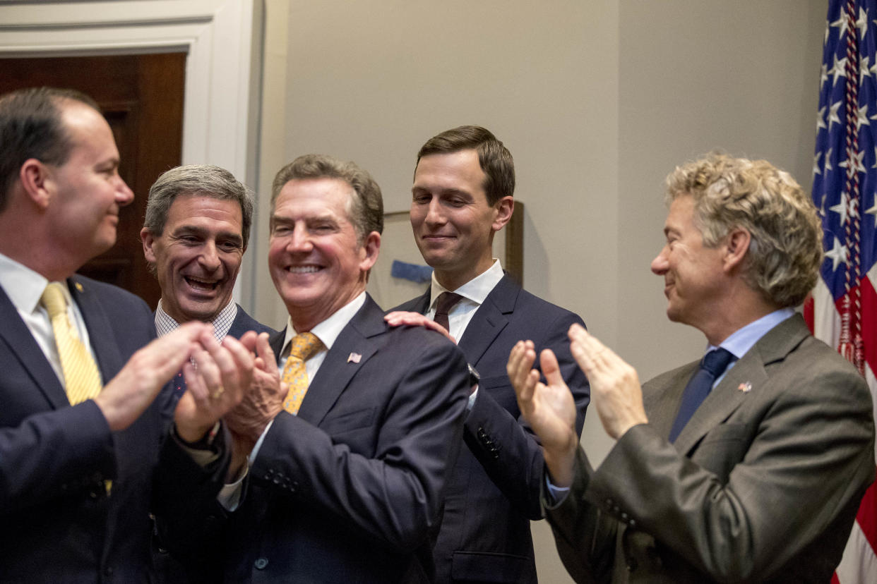 <span class="s1">Jared Kushner, second from right, is recognized by President Trump for his work on the First Step Act on Nov. 14. Applauding are: Sen. Mike Lee, left, former Virginia Attorney General Ken Cuccinelli, former Sen. Jim DeMint of the Heritage Foundation and Sen. Rand Paul. (Photo: Andrew Harnik/AP)</span>