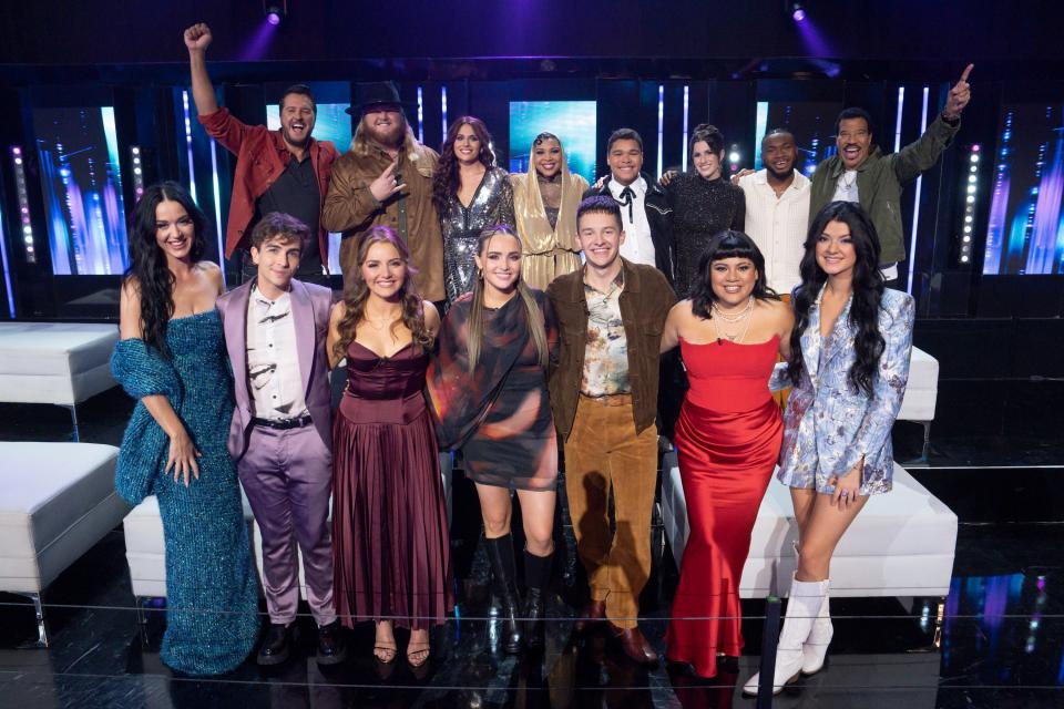The Top 12 and judges are seen on April 21, 2024, as the "American Idol" remaining 12 contestants are revealed on Season 22, Episode 12. From top left, Luke Bryan, Will Moseley, Mckenna Breinholt, Jayna Elise, Triston Harper, Abi Carter, Roman Collins and Lionel Richie. From bottom left, Katy Perry, Kayko, Emmy Russell, Kaibrienne, Jack Blocker, Julia Gagnon and Mia Matthews