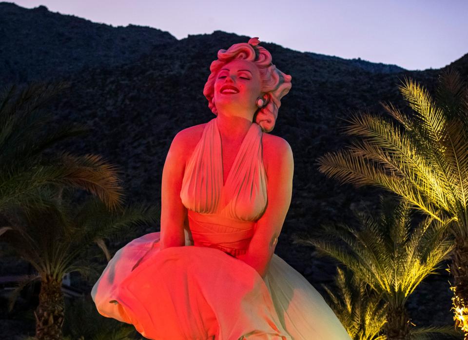 The Forever Marilyn statue is seen lit by red light in celebration of National Wear Red Day in an event organized by the Coachella Valley Heart Association in Palm Springs, Calif., Friday, Feb. 2, 2024. in Palm Springs, Calif., Friday, Feb. 2, 2024.