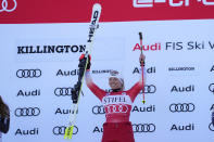 Switzerland's Lara Gut-Behrami celebrates her victory in a World Cup giant slalom skiing race Saturday, Nov. 26, 2022, in Killington, Vt. (AP Photo/Robert F. Bukaty)