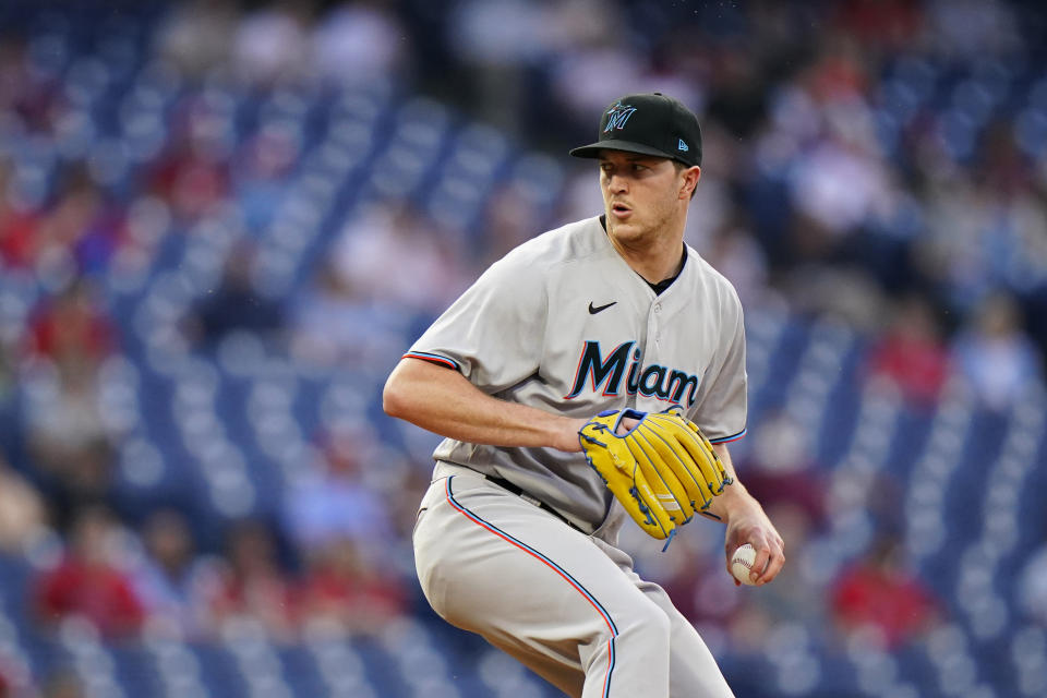 Miami Marlins' Trevor Rogers pitches during the first inning of a baseball game against the Philadelphia Phillies, Wednesday, May 19, 2021, in Philadelphia. (AP Photo/Matt Slocum)