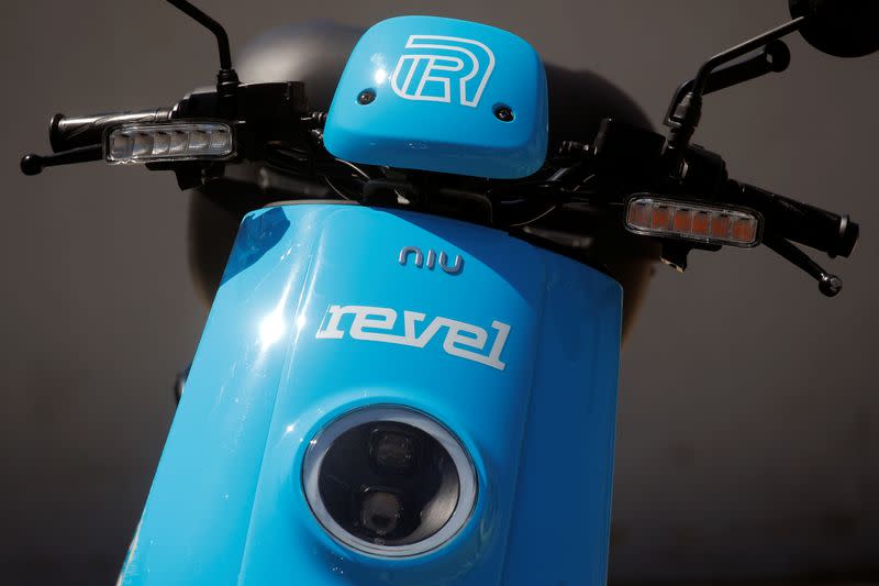 Revel app-based electric scooter is parked idle following suspension of service in New York