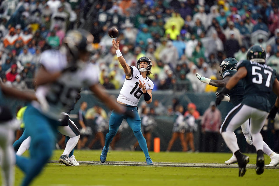 Jacksonville Jaguars' Trevor Lawrence passes during the first half of an NFL football game against the Philadelphia Eagles on Sunday, Oct. 2, 2022, in Philadelphia. (AP Photo/Matt Slocum)