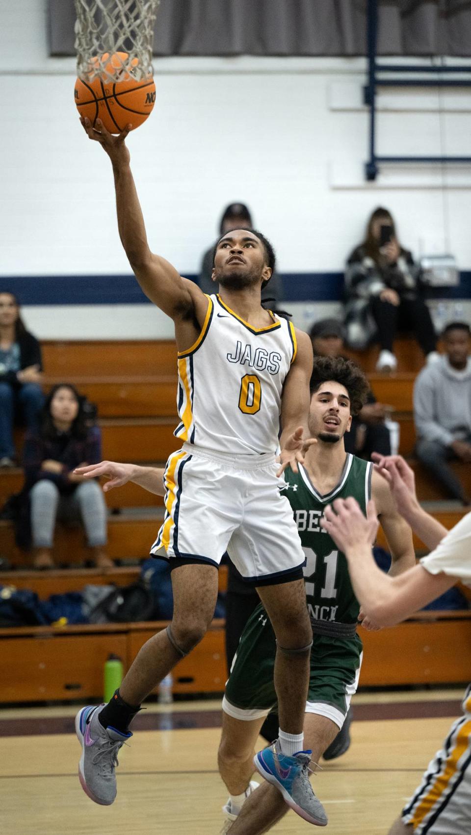 Gregori’s Jordan Aubrey scores on a layup during the Mark Gallo Invitational Basketball Tournament game with Liberty Ranch at Central Catholic High School in Modesto, Calif., Friday, Dec. 8, 2023.