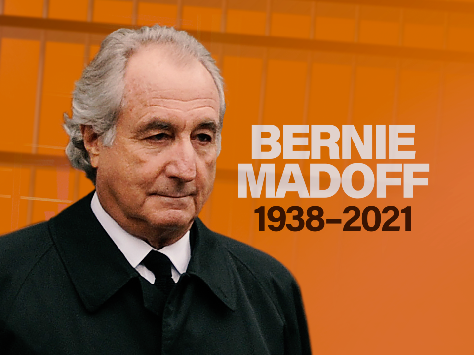 Bernard L. Madoff headshot, former Madoff Investment Securities LLC chairman who pleaded guilty to orchestrating a Ponzi scheme, on texture with 1938-2021 lettering, finished graphic