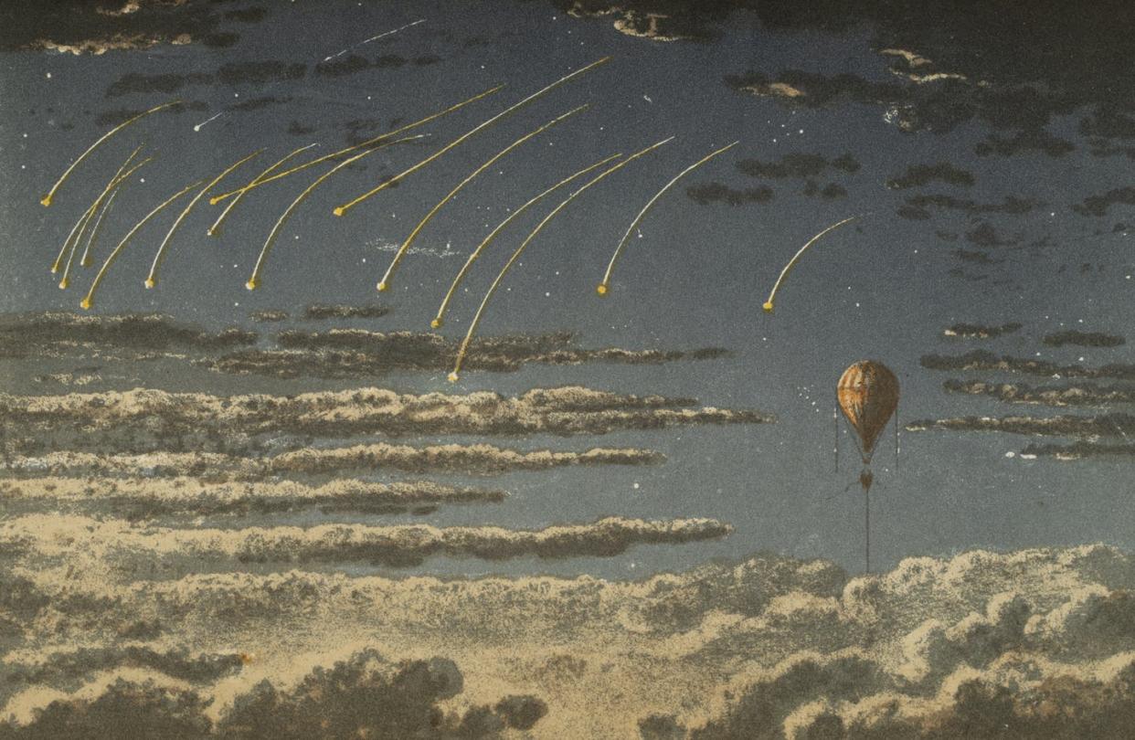 <span class="caption">A lithograph from Gaston Tissandier's balloon travels depicts falling stars.</span> <span class="attribution"><a class="link " href="https://archive.org/details/travelsinair00glaigoog/page/n328" rel="nofollow noopener" target="_blank" data-ylk="slk:Archive.org;elm:context_link;itc:0;sec:content-canvas">Archive.org</a></span>