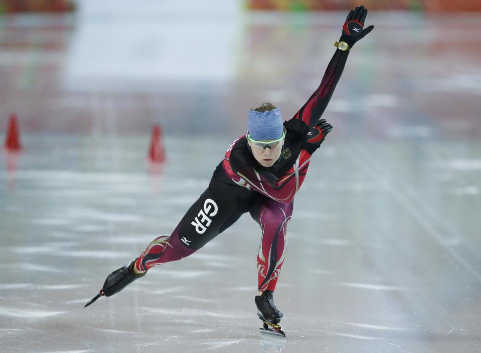 Germany's Jenny Wolf practices at the Adler Arena Skating Center at the 2014 Winter Olympics, Monday, Feb. 10, 2014, in Sochi, Russia. (AP Photo/Patrick Semansky)