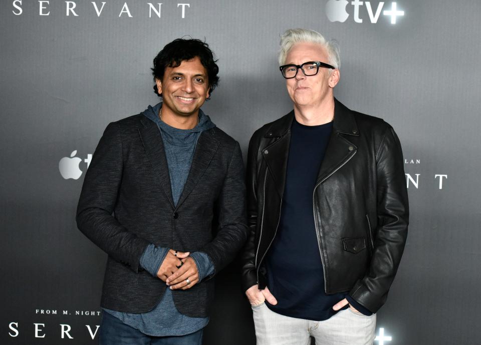 M. Night Shymalan and Tony Basgallop have been sued for copyright infringement related to their series, "Servant." Both attended a panel on the show at New York Comic Con in 2019.