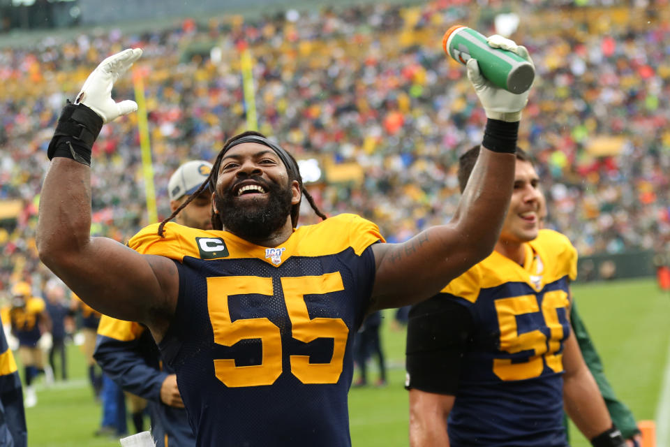 GREEN BAY, WI - SEPTEMBER 22:  Green Bay Packers outside linebacker Za'Darius Smith (55) is all smiles at halftime during a game between the Green Bay Packers and the Denver Broncos at Lambeau Field on September 22, 2019, in Green Bay, WI. (Photo by Larry Radloff/Icon Sportswire via Getty Images)