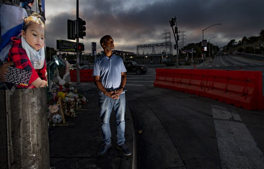 LOS ANGELES, CA - AUGUST 18 2022: Resident Darryl Grayson, head of the local HOA, frequently visits the crash site at La Brea and Slauson where 6 people were killed last week near his home on August 18, 2022 in Los Angeles, California. There have been 48 crashes alone at that same intersection since last year.(Gina Ferazzi / Los Angeles Times)