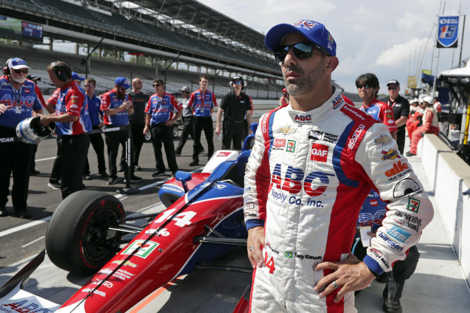 FILE - In this May 19, 2018, file photo, Tony Kanaan, of Brazil, watches after his run during qualifications for the IndyCar Indianapolis 500 auto race at Indianapolis Motor Speedway, in Indianapolis. Kanaan will get to race 5 oval events, including the Indianapolis 500, in what will be called his “farewell tour” this upcoming IndyCar season. (AP Photo/Michael Conroy, File)