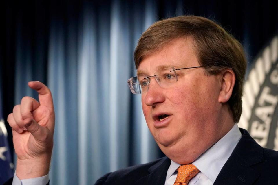 Mississippi Republican Gov. Tate Reeves answers a reporter’s question on his announcement that a tech company is expected to invest $10 billion to build two data processing centers.