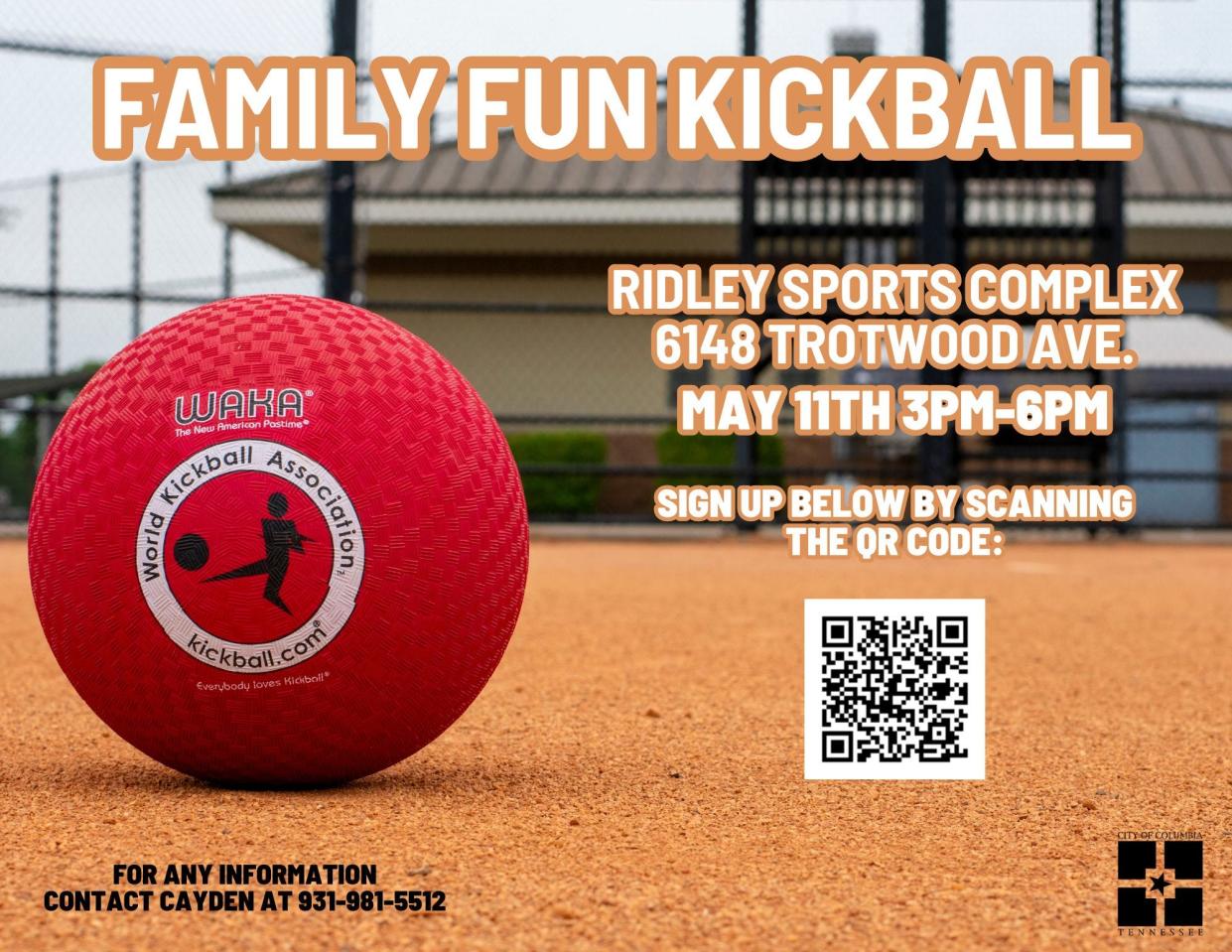 Take in a family fun game of kickball this weekend at Ridley Sports Complex from 3-6 p.m., hosted by Columbia Parks and Recreation. Scan the event's QR code to register.
