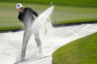 Jordan Spieth hits from a sand trap on the first hole during the final round of the Arnold Palmer Invitational golf tournament Sunday, March 7, 2021, in Orlando, Fla. (AP Photo/John Raoux)