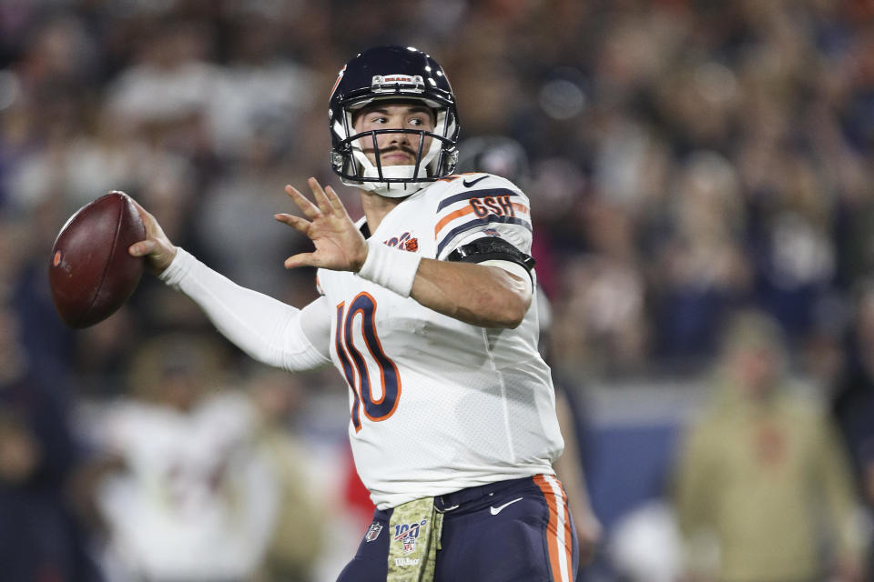 Quarterback Mitchell Trubisky didn't finish Sunday night's game. (Photo by Meg Oliphant/Getty Images)