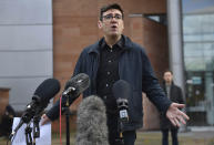 Greater Manchester mayor Andy Burnham speaks to the media outside Bridgewater Hall, following last-ditch talks with the Prime Minister aimed at securing additional financial support for his consent on new coronavirus restrictions, in Manchester, England, Tuesday, Oct. 20, 2020. The British government appeared poised Tuesday to impose strict coronavirus restrictions on England's second-largest city after talks with officials in Greater Manchester failed to reach an agreement on financial support for people whose livelihoods will be hit by the new measures. (Jacob King/PA via AP)