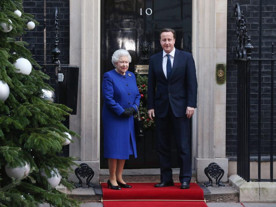 David Cameron and Queen Elizabeth in 2012, standing outside 10 downing