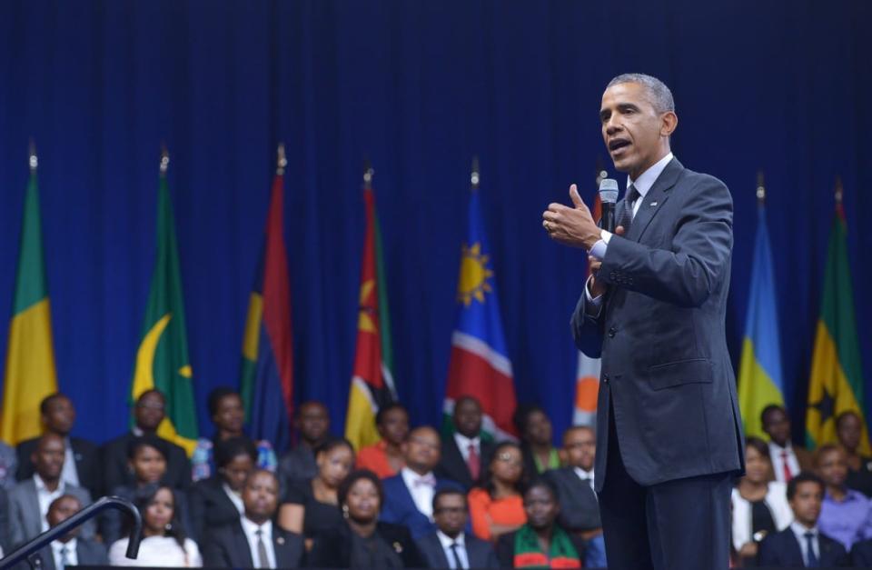 US President Barack Obama speaks during a town hall meeting at the Summit of the Washington Fellowship for the Young African Leaders Initiative(YALI) in Washington, DC on July 28, 2014. (Photo credit should read MANDEL NGAN/AFP via Getty Images)