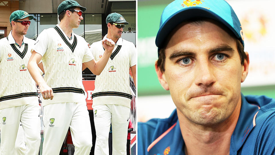 Pat Cummins, pictured here alongside Josh Hazlewood and Mitchell Starc.