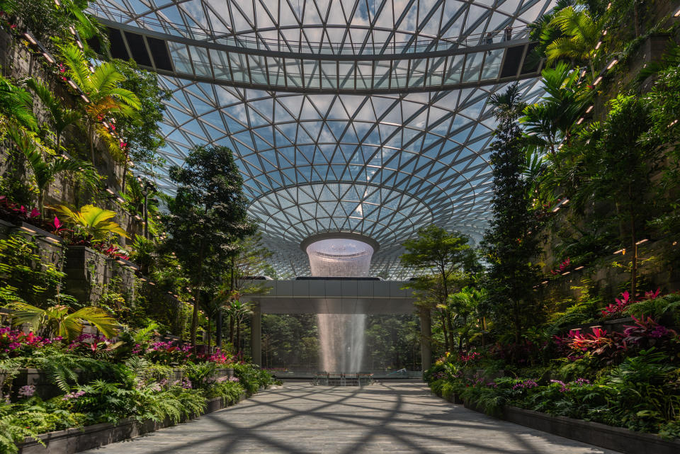 View of the Shiseido Forest Valley and the HSBC Rain Vortex from Changi Airport Terminal 1. (PHOTO: Jewel Changi Airport Devt)