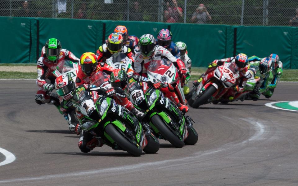 Reigning champion Jonathan Rea heads the pack last time out at Imola en route to winning both races at the Italian round - Getty Images Europe