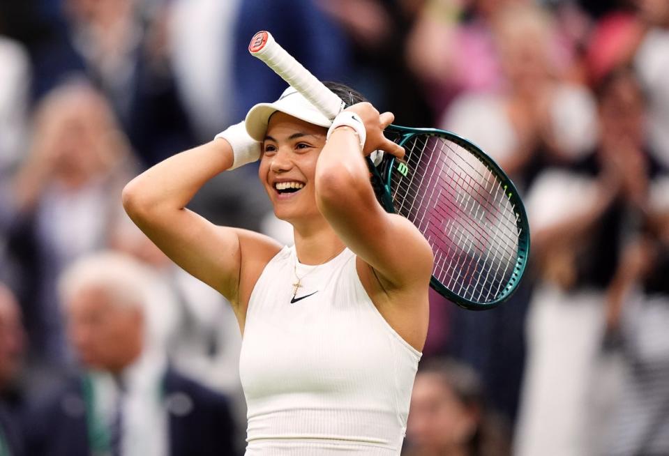 Raducanu celebrates beating world number nine Maria Sakkari (PA)