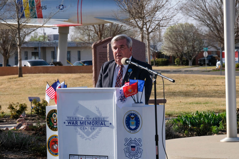 Joel Carver, the Panhandle representative for the Missing in America Project, opens the ceremony Wednesday at the Texas Panhandle War Memorial Center.