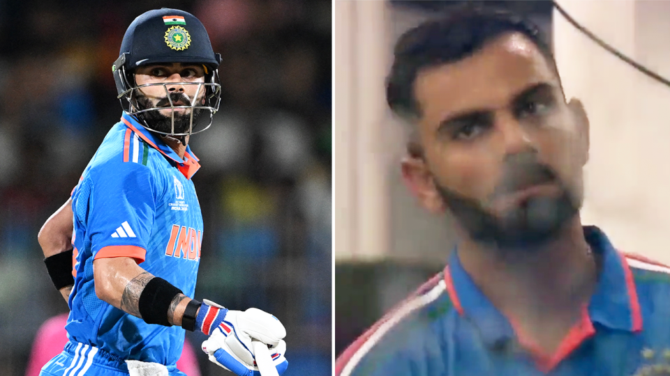 Virat Kohli batting and Kohli looking disappointed.