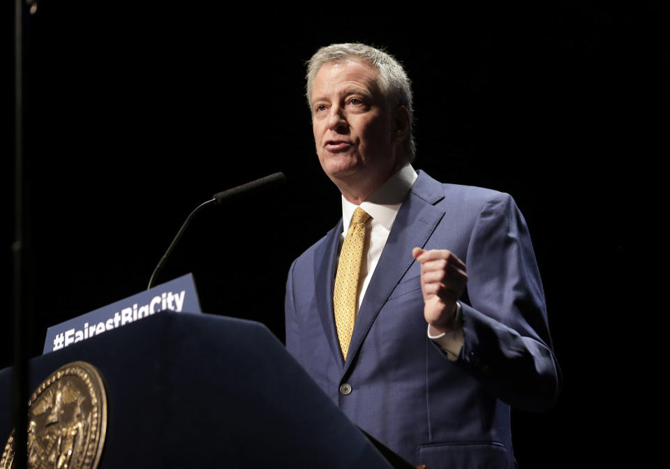 FILE - In this Jan 10, 2019, file photo, New York City Mayor Bill de Blasio speaks at his State of the City address in New York. De Blasio announced Thursday, May 16 that he will seek the Democratic nomination for president, adding his name to an already long list of candidates itching for a chance to take on Donald Trump. (AP Photo/Seth Wenig, File)