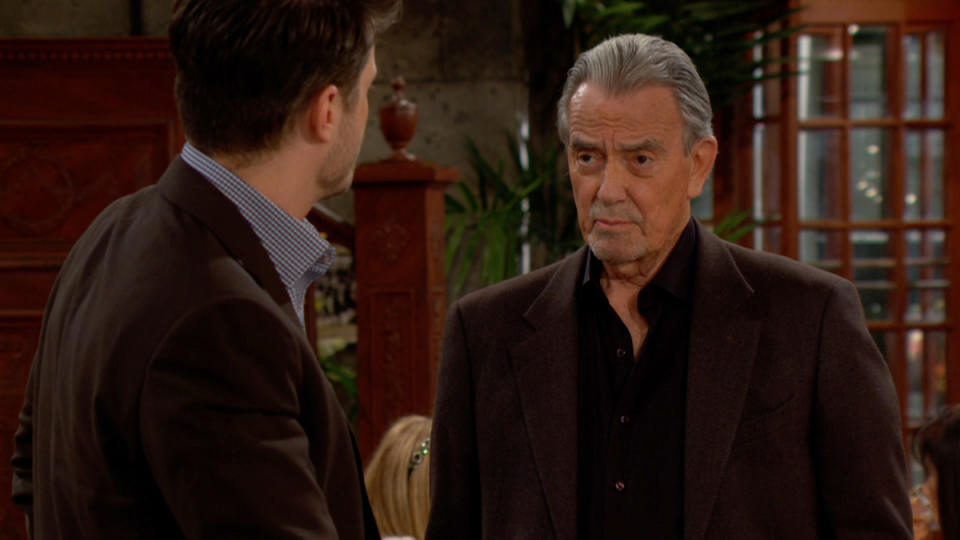 MIchael Mealor and Eric Braeden as Kyle and Victor talking in The Young and the Restless