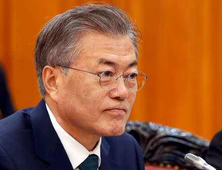 South Korea's President Moon Jae-in is seen during a meeting with Vietnam's Prime Minister Nguyen Xuan Phuc (not pictured) at the Government Office in Hanoi, Vietnam March 23, 2018. REUTERS/Kham/Pool/File Photo